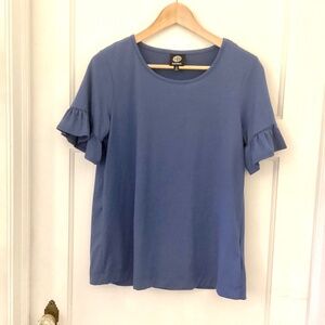 Bobeau Blue Knit Top Size PS Ruffle Sleeves Scoop Neckline Polyester Spandex